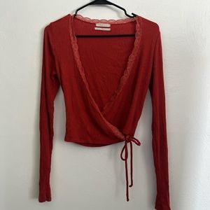 Urban Outfitters Lace Trim Red Ribbed Wrap Longsleeve top